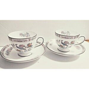 RARE! Wedgwood England Kutani Crane Leigh Shape Footed Tea Cup & Saucer Sets(2)